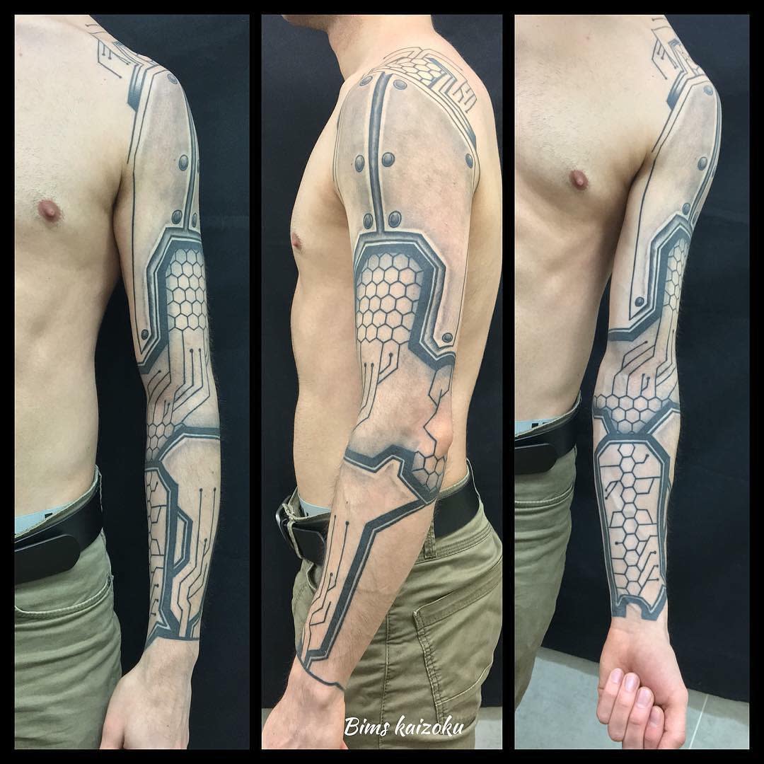 Full-arm sleeve with futuristic mechanical elements and honeycomb patterns